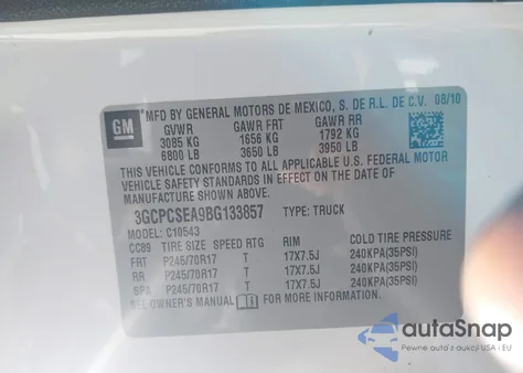 2011 Chevrolet Silverado 1500 Lt из США, поврежденный, VIN 3GCPCSEA9BG133857